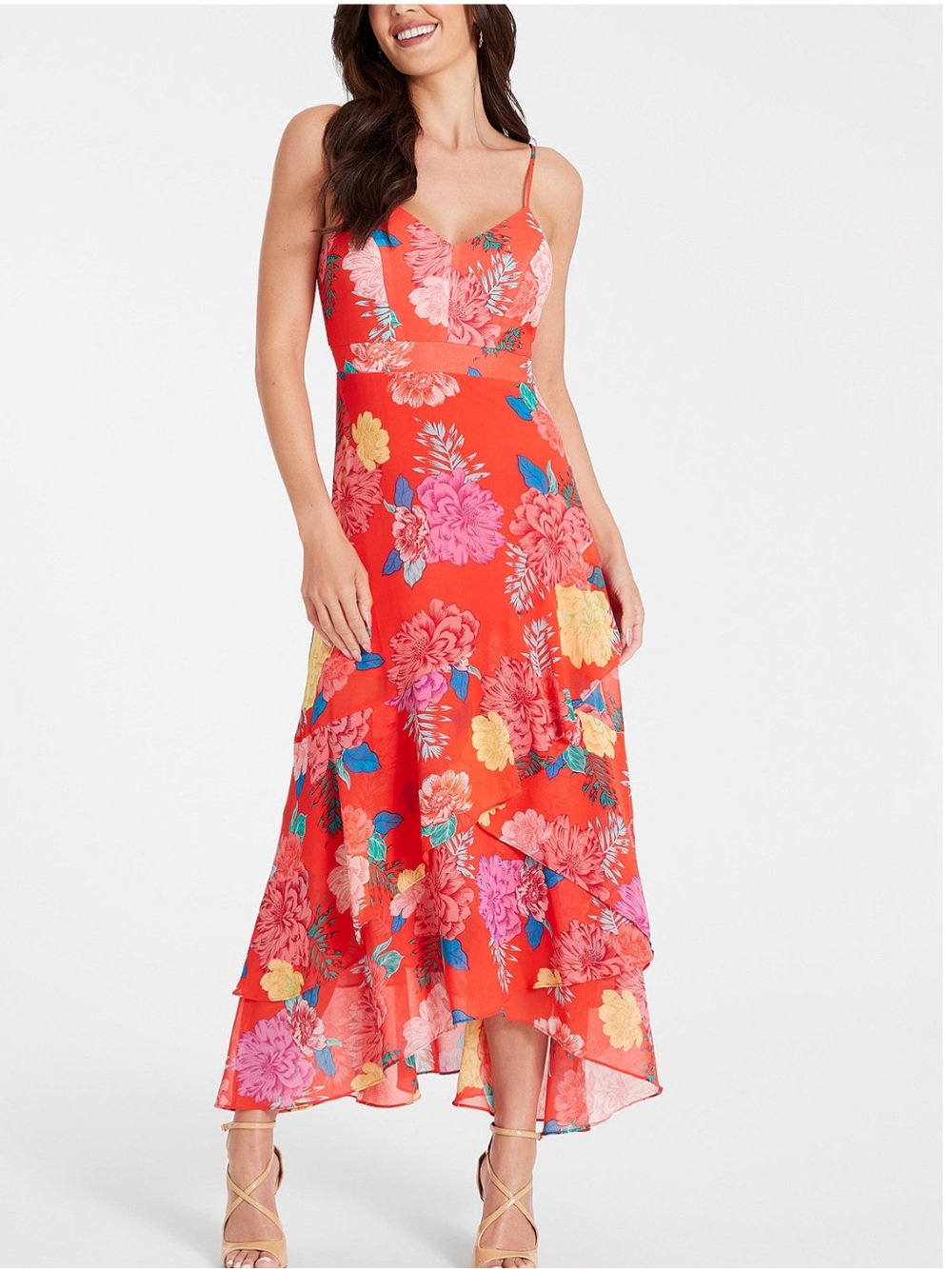 GUESS Coral-Red Floral High-Low Chiffon Dress SZ 4